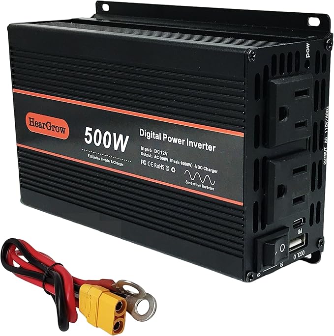 500W Pure Sine Wave Power Inverter DC 12V to AC 110V with 2 AC Outlets,1 USB-A and 1 USB-C Ports for Car, RV, Truck