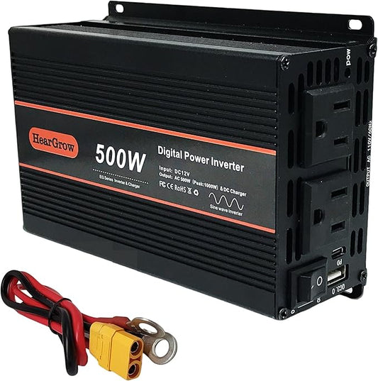 500W Pure Sine Wave Power Inverter DC 12V to AC 110V with 2 AC Outlets,1 USB-A and 1 USB-C Ports for Car, RV, Truck