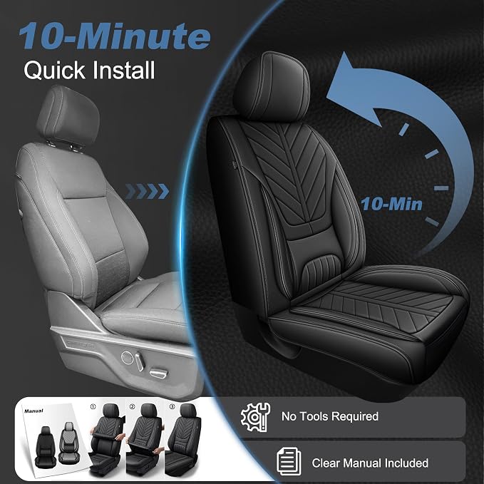 for Ford F150 2009-2026 Seat Covers F250 F350 F450 2017-2026 | Super Duty Faux Leather Full Set XL XLT Lariat Platinum STX Cab, Lumbar Support Seat Protectors (5 Seats, Black)