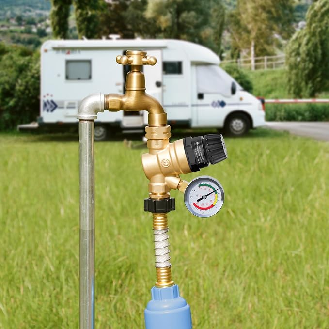RV Water Pressure Regulator Valve, Brass Lead-Free Adjustable Water Pressure Reducer with Gauge and Inlet Filter for RV Camper and Travel Trailer