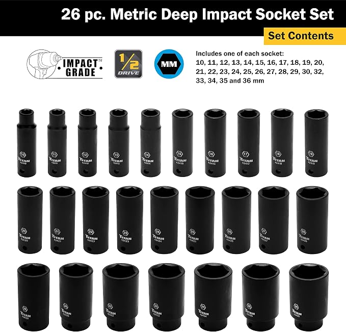 Titan 42406 26-Piece 1/2" Drive Metric Deep Impact Socket Set