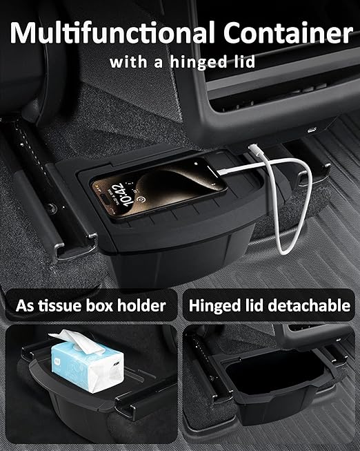 for New Tesla Model Y Juniper Accessories 2025 2026 Rear Trash Can with Hinged Lid, Rear Center Console Garbage Bin, Backseat Storage Box Organizer