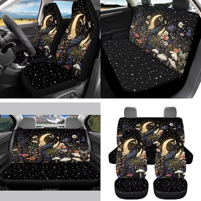Moon Crow Seat Covers for Cars Full Set Universal Seat Covers Front and Back with Steering Wheel Cover Seatbelt Covers Car Coasters Trash Can Rearview Mirror Cover Keychain