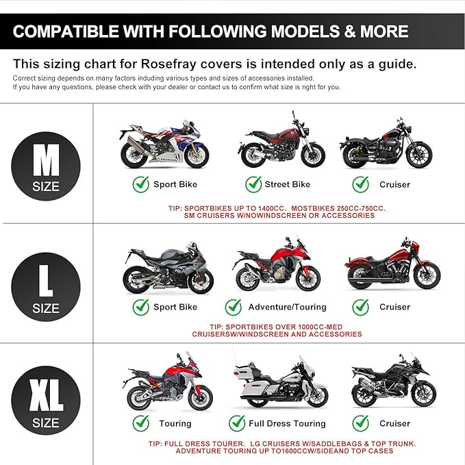 Rosefray 420D Motorcycle Half Cover-Outdoor Waterproof All Weather Protection Lightweight Half Cover,Silver XL Size for Most Touring Models Harley Davidson,Honda Goldwing,Road King Street Glide