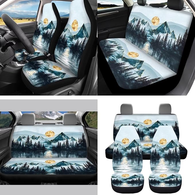 Ink Wash Mountain 15 PCS Car Seat Cover Set with Auto Steering Wheel Cover Seat Belt Strap Protector Cup Holder Trash Bag Rear View Mirror Protector Keychain