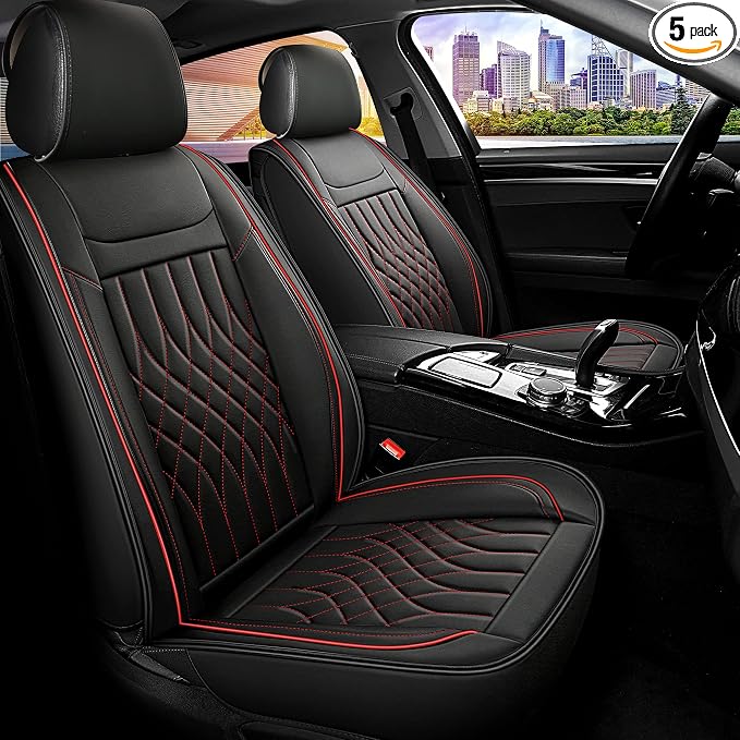 Car Seat Covers 5 Seats Full Set, Waterproof Napa Leather Automotive Seat Protector for Cars SUV Truck Sedan, Universal Anti-Slip Car Seat Cushion Interior Accessories, Black and Red