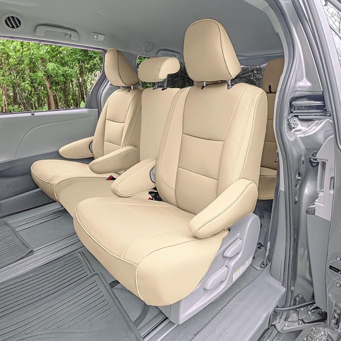 FH Group Custom Fit Car Seat Covers Specifically Made for 2011-2020 Toyota Sienna 8 Passenger, 2nd Row Solid Beige Faux Leather, Automotive Seat Covers, Waterproof and Washable Seat Covers