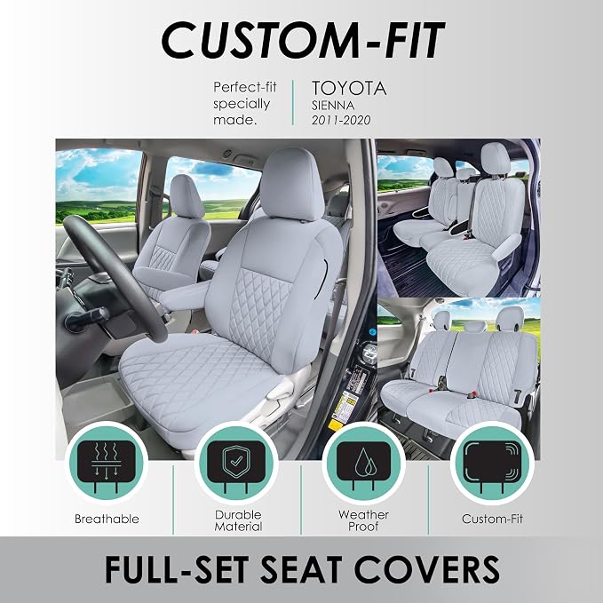 FH Group Custom Fit Car Seat Covers for Toyota Sienna 2011-2020, Car Seat Cover Full Set, 8 Seater Automotive Seat Covers in Solid Gray Neoprene, Waterproof and Washable Seat Covers