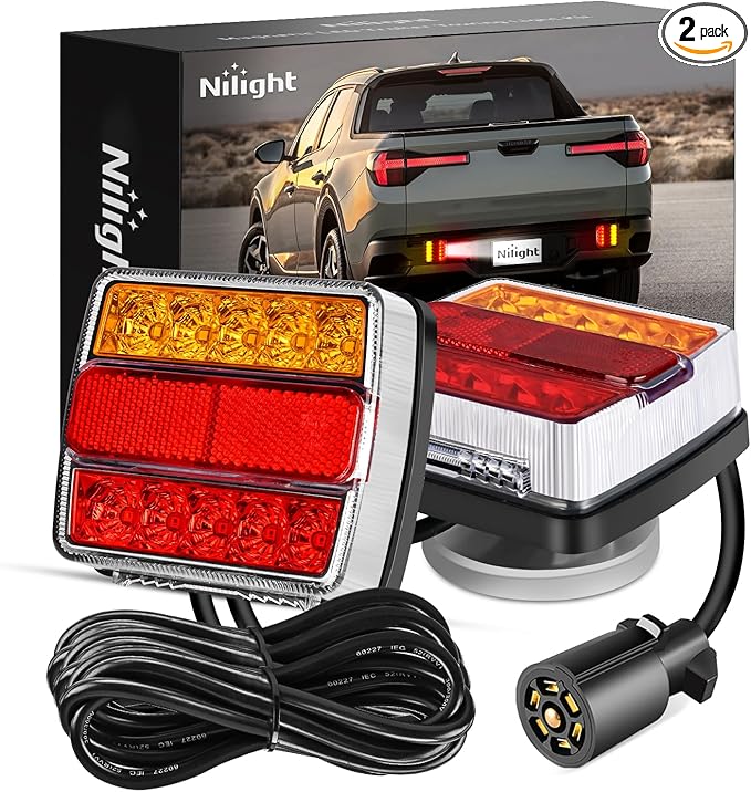 Nilight Magnetic LED Trailer Towing Light Kit 24ft Cable with 7 Pin Plug Tail Stop Amber Turn Signal License Plate Lights on 12V RV Pickup Trucks Marine Boats (5 Wire System)