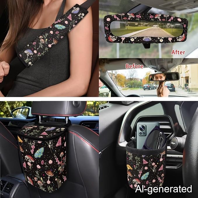 Dreaweet Mushroom Car Seat Covers Full Set for Women Cute Car Accessories Interior Car Steering Wheel Cover Seatbelt Covers Trash Bin Rear View Mirror Cover Cup Holders Keychain Air Vent Storage Pouch