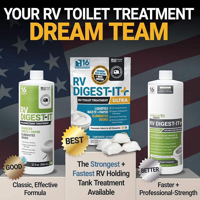 Unique RV Digest-It Ultra Drop-In Pods RV Black Tank Treatment | Strong formula controls odors & digests waste & toilet paper; 16 premeasured treatments per pouch, 3-Pack