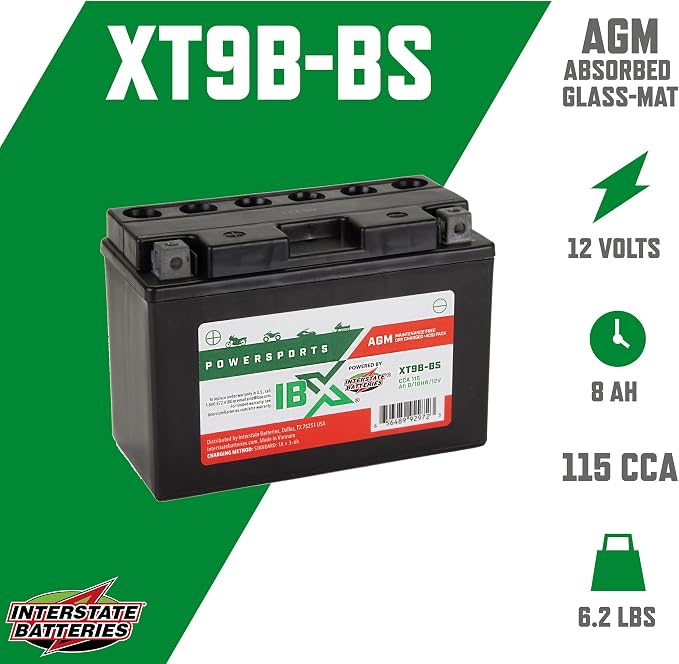 Interstate Batteries YT9B-BS 12V 8Ah Powersports Battery 115CCA AGM Rechargeable Replacement Battery for Yamaha, ATVs, Motorcycles, Scooters, Bikes (XT9B-BS)