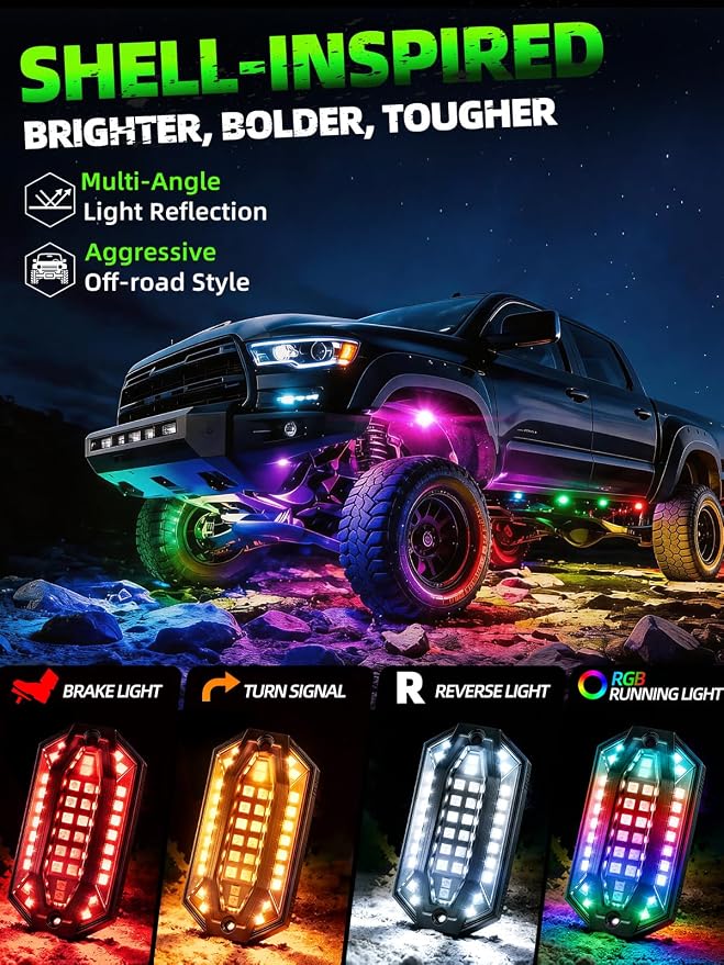 12 Pods RGB LED Rock Lights Aluminum 3D Multi-Sided Lighting w/Brake Turn Signal Reverse Mode, APP & Remote Control Music Voice Sync Underglow Lights for Trucks Offroad Utv Waterproof