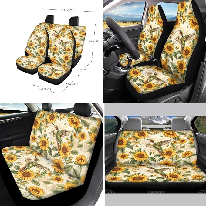 Xoenoiee Hummingbird and Sunflower Design Car Seat Cover Front & Rear Seat Cover with Steering Wheel Cover + Seat Belt Cover+ Cup Coasters+ Key Chains Universal Fit for Van Truck SUV