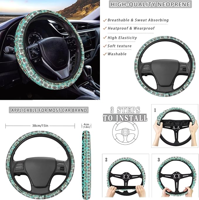 Dreaweet Turquoise Aztec Cow Print Car Seat Covers Full Set with Steering Wheel Cover/Seat Belt Pad/Armrest Covers/Cup Coasters/Handbrake Cover/Gear Shift Knob Handbrake Cover,12 Pcs Set,Universal