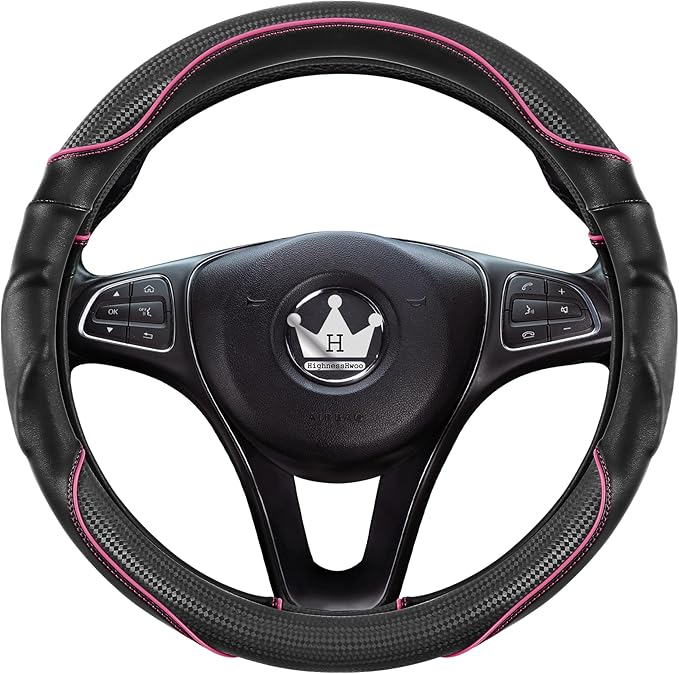 HighnessHwoo 3D Car Steering Wheel Cover Comfort Grip Massage Sporty Anti-Slip Carbon Fiber Faux Leather for F150, Trucks, Jeep, Van, Car Handle Covers for All Seasons, 15.2-16in, Pink