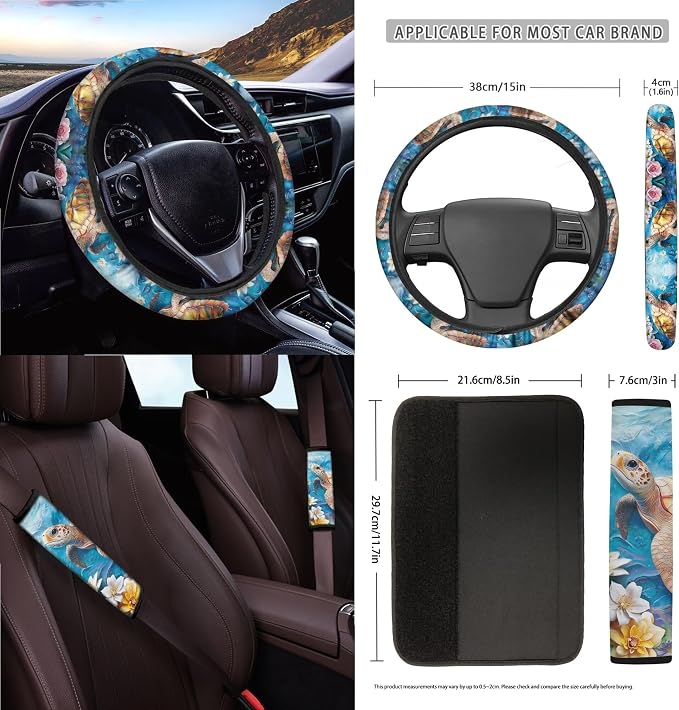 Turtle Floral Print Car Front Back Seat Covers Set of 15 Steering Wheel Covers Trash Cans Air Vent Storage Bag Seatbelt Strap Cover Rear View Mirror Covers Cup Coasters Keychain