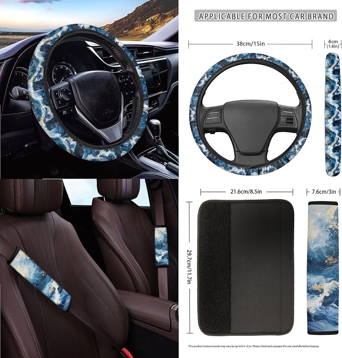 Marble Print Universal Fit Car Seat Cover Set Steering Wheel Covers Seatbelt Strap Pad Trash Cans Air Vent Storage Bag Rearview Mirror Cover Cup Holder Keychain, 15 PCS