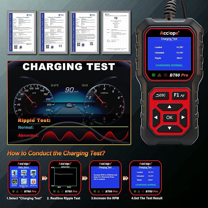 BT60 PRO Car Battery Tester 6V/12V/24V, 2–120Ah, 100–3000 CCA, AGM/Gel/Lithium, Digital Analyzer, QR Cloud Report (No App), Alternator & Starter/Charging System