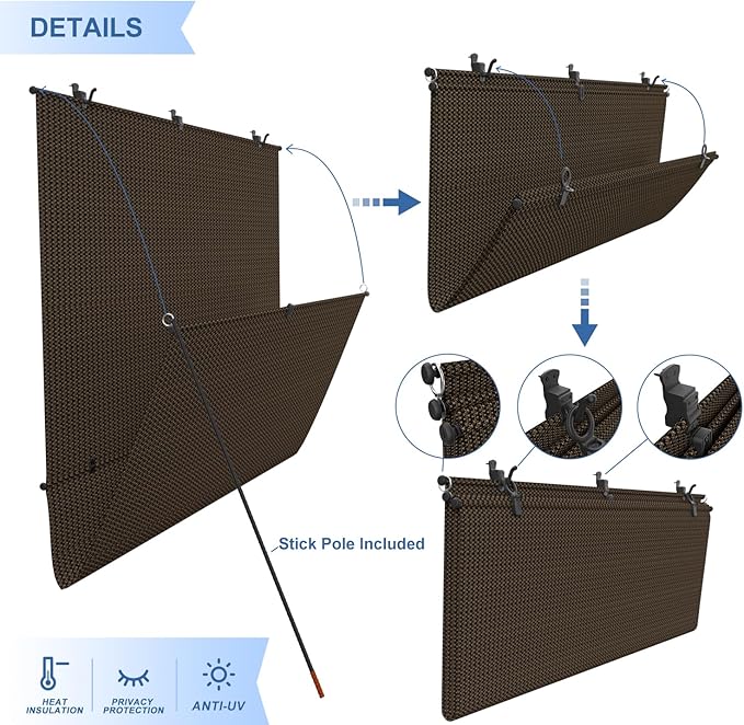 E&K Sunrise 5'W x 9'H Outdoor Roller Shades Patio Cordless Roll Up Blinds Foldable Sun Shade UV Block Exterior Sun Screen for Outside Porch Backyard Deck Pergola (Brown)