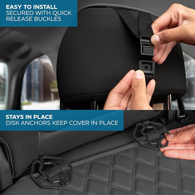 MotorBox Prestige Edition Rear Seat Cover for Cars, Open Sides Leather Seat Cover, Premium PU Leatherette Black & Gray Back Seat Covers for Cars Trucks SUVs, Rear Bench Only