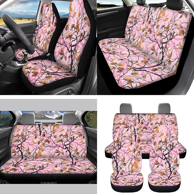 Pink Auto Interior Accessories Camo Leaves Car Seat Covers with Auto Steering Wheel Cover Seat Belt Covers Car Trash Can View Mirror Cover Coaster Keychains