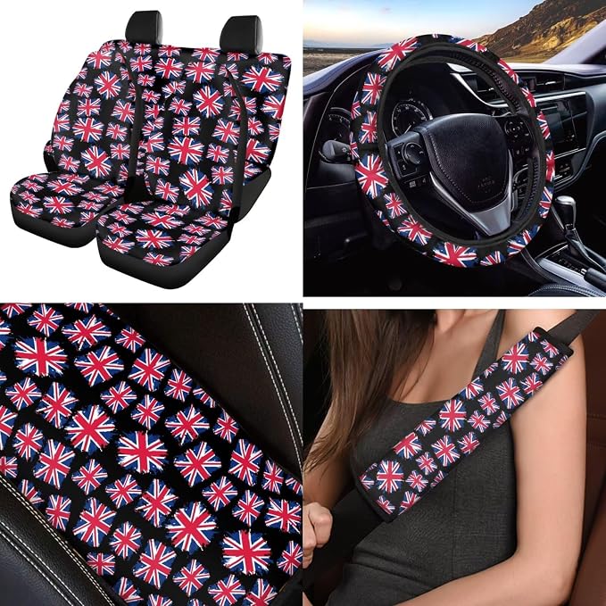 Union Jack 12 Pcs Car Seat Covers with Steering Wheel Cover,Seat Belt Covers Cup Holder with Keychain Automotive Protector Set Unverisal Fit Cars SUV