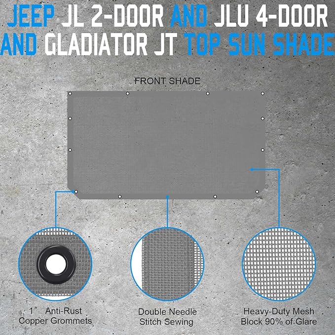 JT JL Top Sun Shade Roof Compatible with Jeep Wrangler and Gladiator 2 or 4 Door 2018 to 2023 Sunshade Sunroof Blocks UV Wind Noise Gray Mesh for Front