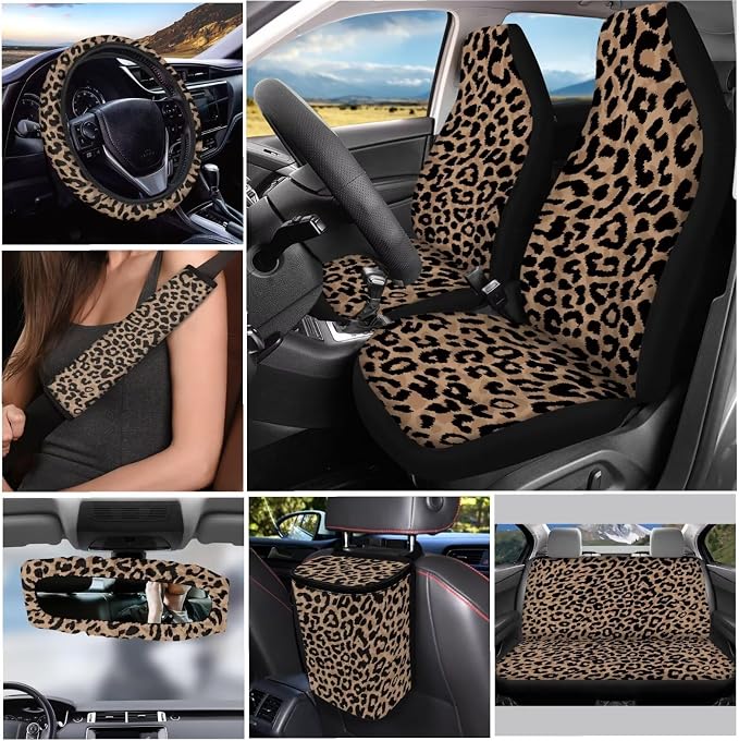 12 Pack Leopard Print Car Seat Covers Full Set Steering Wheel Cover Auto Seat Belt Pad Cover Car Trash Can Rear View Mirror Cover Cup Coasters Keychains Keychain Holder