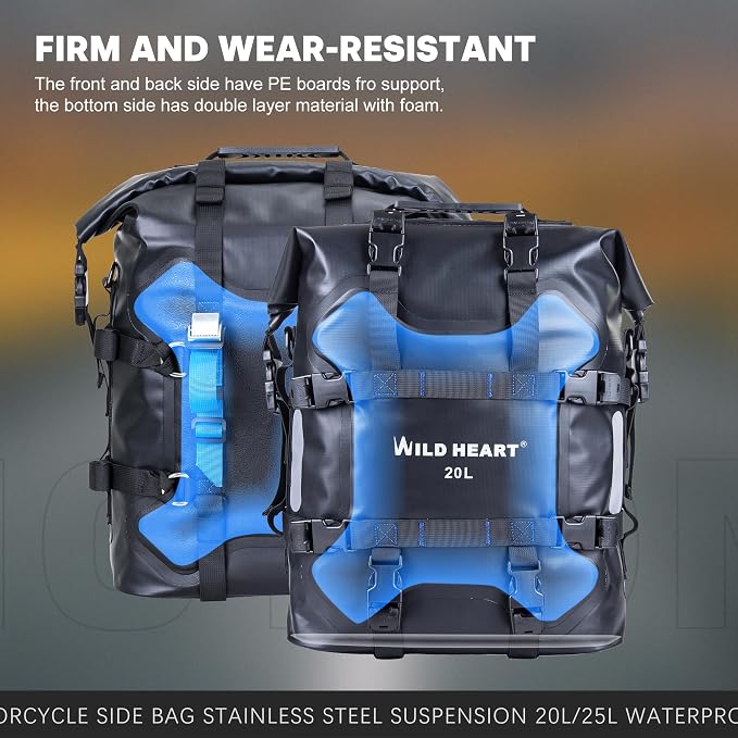 WILD HEART Motorcycle side bag stainless steel suspension waterproof bag Saddlebags 20L/25L waterproof Pianner Bag wear-resistant general-purpose Bike accessories (Black, 20L One Pack)