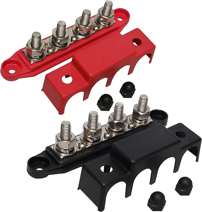(Red & Black) 3/8" 4 Stud Bus BAR Power Distribution Block - Made in The USA - for Marine Battery Terminals, 12v Power and Ground Distribution Blocks - Terminal Block for Battery Terminals - BusBar