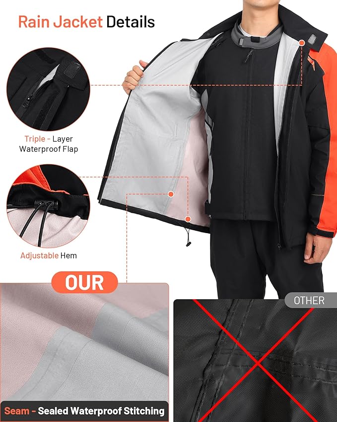 Oumurs Motorcycle Rain Suit - Waterproof Jacket & Pants for Men & Women, Lightweight Nylon Reflective Gear for Riding, Fishing, Golf, Hunting, Camping