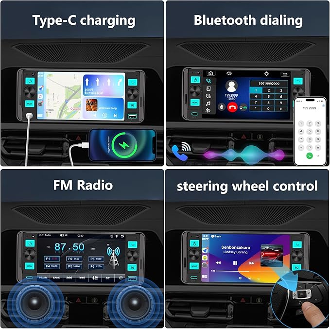 Single Din Car Stereo – Dual Knob Touchscreen Radio with Wireless Apple CarPlay & Android Auto Upgrade Your Classic Car with Easy Installation, Backup Camera Ready, Bluetooth, GPS, FM/AM, USB, EQ