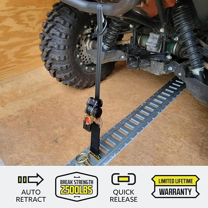 DC Cargo Mall Bolt-on E Track Auto Retractable Ratchets Straps Heavy Duty (2 Pack) 2 Inch x 6 Ft - Retractable Ratchet Tie Down Straps for Boats, Jet Skis, Motorcycles, ATVs - 4,000 lbs Break Strength