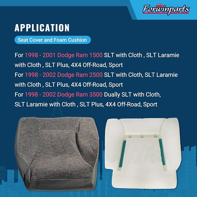 Forwinparts Front Driver Side Bottom Cloth Seat Cover and Foam Cushion for 1998 1999 2000 2001 2002 Dodge Ram 1500 2500 3500 Mist Gray