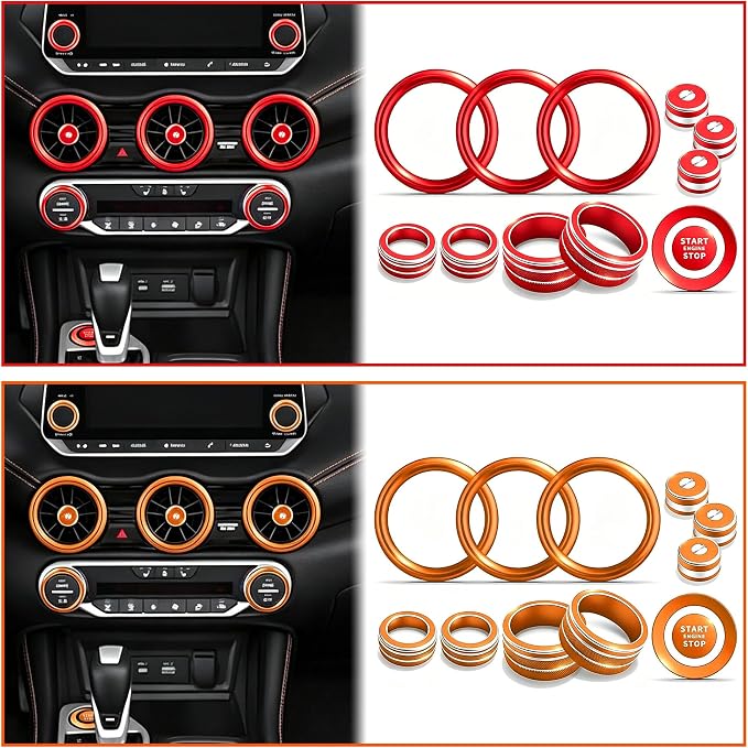 Interior Decoration Accessories for Nissan Sentra (2020-2025) - 12-Pieces Aluminum Alloy Ring Knob Cover Trim, Fits Push Start, A/C, Air Vent, & Volume Tune, 12PCS Set, Orange
