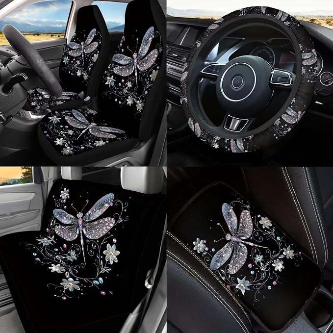 Dragonfly Car Seat Covers Full Set 17 Pieces for Women Dragonfly Car Accessories with Steering Wheel Auto Covers,Car Headrest Cover,Auto Trash Can Bin for Back Seat Leak Proof,Universal Fit