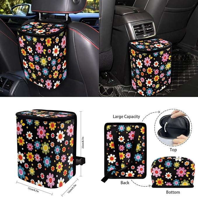Colorful Floral Car Seat Covers Full Set for Women Cute Car Accessories Interior Car Steering Wheel Cover Seatbelt Covers Trash Bin Rear View Mirror Cover Cup Holders Keychain