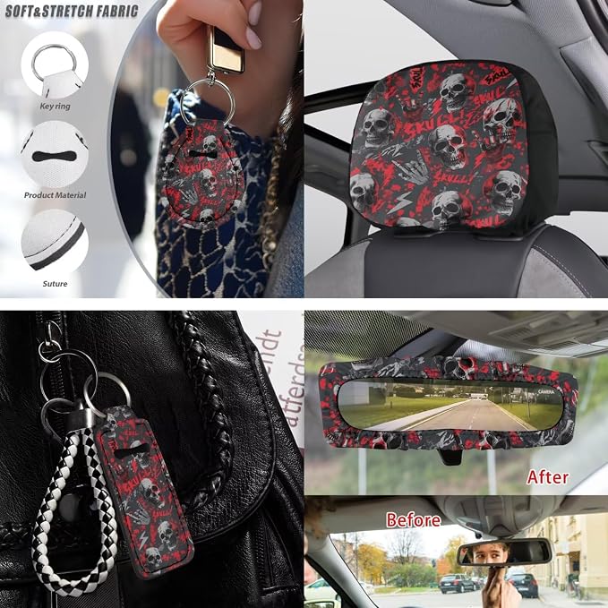 Skull Skeleton Print Car Seat Cover Full Set with Steering Wheel Covers Auto Seat Belt Pads Car Armrest Pad Car Rear View Mirror Protector Universal Fits, 15 Pack, Red