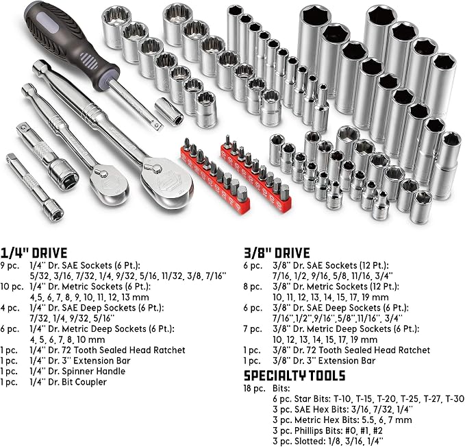 Powerbuilt 642452 80 Piece 1/4-inch and 3/8-inch Drive Mechanics Tool Set - with SAE and Metric Socket Set, 72 Tooth Seal-Head Ratchet, Automotive Tool Kit, including Case