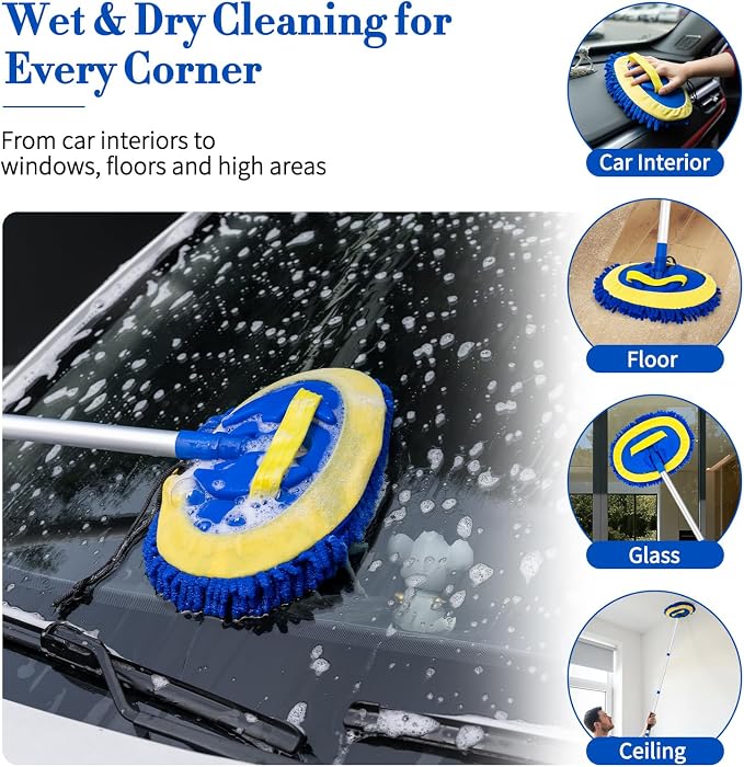 Car Wash Brush with Long Handle - 62" Car Wash Kit with Chenille Microfiber Cleaning Brush, Car Washing Mop with 3 Replacement Mitts, Scratch-Free Scrub Washer Wand for Vehicles, RV, Truck Blue