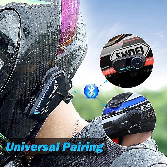 FreedConn FX 10 Riders Motorcycle Bluetooth Headset with Music Sharing, Helmet Bluetooth Intercom with Noise Cancellation/FM Radio/IP67/Ultra-Thin Body, Universal Communication Systems for Motorbike