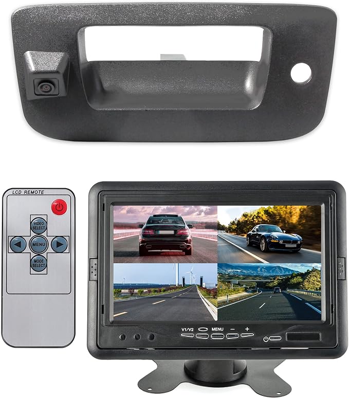 EWAY Tailgate Handle Backup Rear View Camera 7 Inch TFT LCD Monitor Kit for 2007-2014 Chevy Silverado GMC Sierra Reverse Parking Camera with Removable Guideline