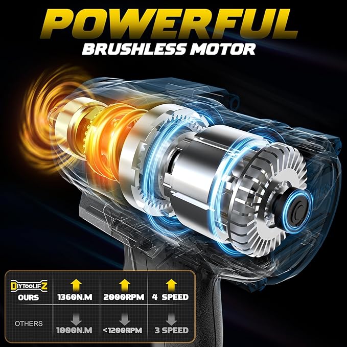 DIYtoolifz Cordless Impact Wrench 1/2 inch Compatible with DeWalt 20v Battery, 1000Ft-lbs(1360N.m) High Torque Impact Driver with 4-Modes, LED Light, Electric Impact Gun for Car/Truck/Mower(Bare Tool)