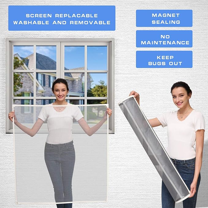 NeatiEase Adjustable DIY Magnetic Window Screen Max 72” x 48” Fits Any Size Smaller White Frame Fiberglass Mesh with Extra Accessories