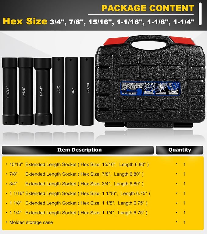 1/2 Inch Drive Extended Length Impact Socket Set - 6 Piece Extra Deep Impact Socket Set - Hex Size 3/4", 7/8", 15/16", 1-1/16", 1-1/8", 1-1/4" Heavy Duty With Storage Case For High Torque Use