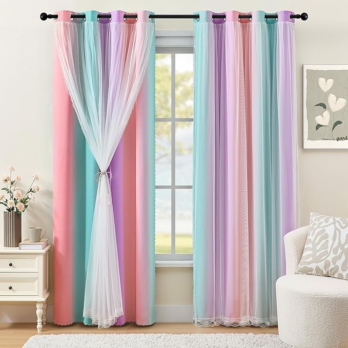 XiDi Blackout Curtains for Girls Kids Bedroom 63 Inches Long 2 Panels Thermal Insulated Colorful Rainbow Pink Curtains with Sheer Overlay Unicorn Wall Decor Princess Drapes Pink Purple Green 34Wx63L