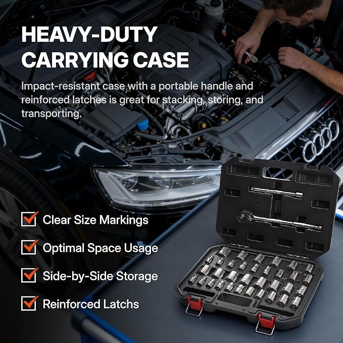 BLACK CANYON 3/8 in Socket Set 36 Piece, Standard Drive Socket Set, 6-Point Metric/SAE, Premium Cr-V Steel Chrome Finish with 90-Tooth Ratchet & Heavy-Duty Case