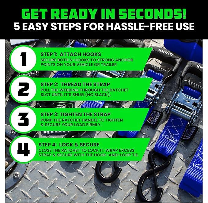 Rhino USA Ratchet Straps Heavy Duty Kit (4-Pack) - 1.6 Inch x 15 Feet Min Break Strength (5,000) - Ultimate Tie Down Straps with Safety S Hooks for Trucks, ATV, UTV, Motorcycle, Cargo & More - Blue