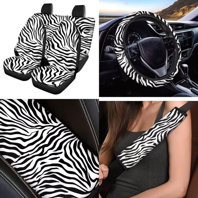 Zebra Print 12 Pcs Car Seat Covers Full Set with Auto Steering Wheel Cover Armrest Cushion Protector Seat Belt Covers Automotive Interior Sets Universal Fit for Cars SUV